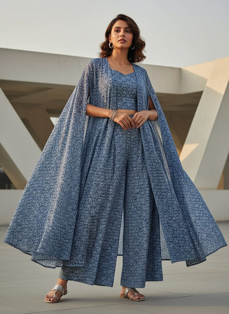Blue Ditsy Geometric Leaf Pure Georgette Digital Printed Fabric