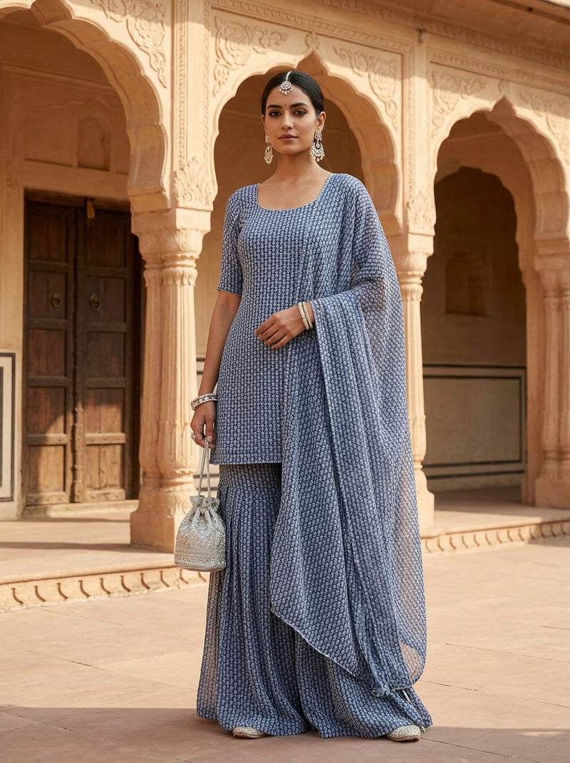 Blue Ditsy Geometric Leaf Pure Georgette Digital Printed Fabric