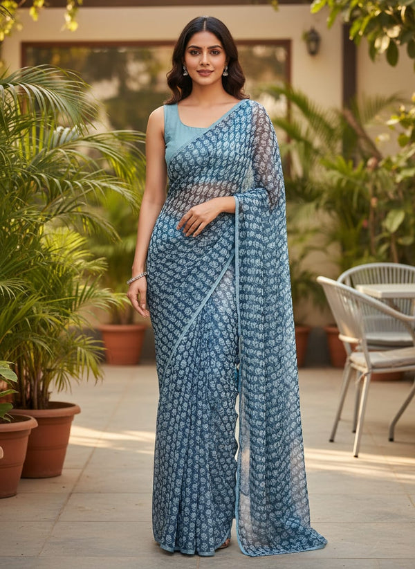 Blue Small Botanical Motif Pure Chiffon Digital Printed Fabric - Saree Lookbook - PCH-0-MA01554-96 - alternate view
