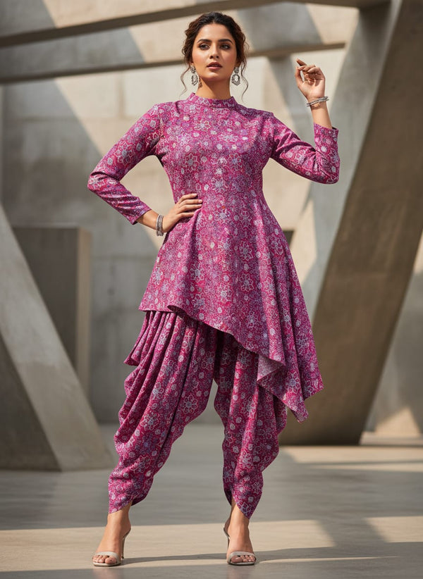 Pink Ethnic Geometric Medallion Print Rayon Digital Printed Fabric - Asymmetric Tunic with Dhoti Pants Lookbook - RA-0-MA-01565-110 - alternate view