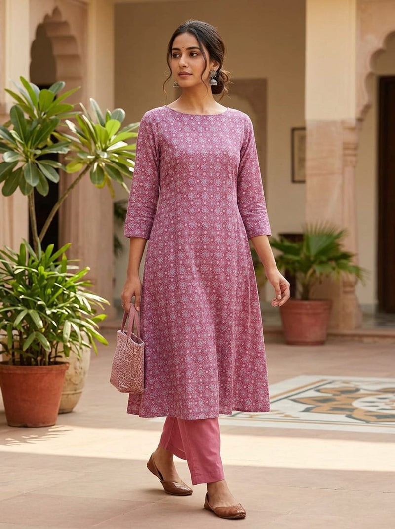 Pink Small Ethnic Geometric Pattern Pure Cotton Digital Printed Fabric