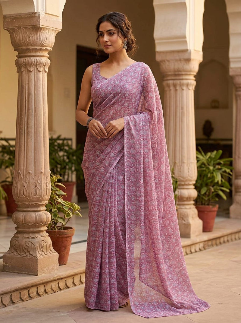 Pink Small Ethnic Medallion Pure Chiffon Digital Printed Fabric