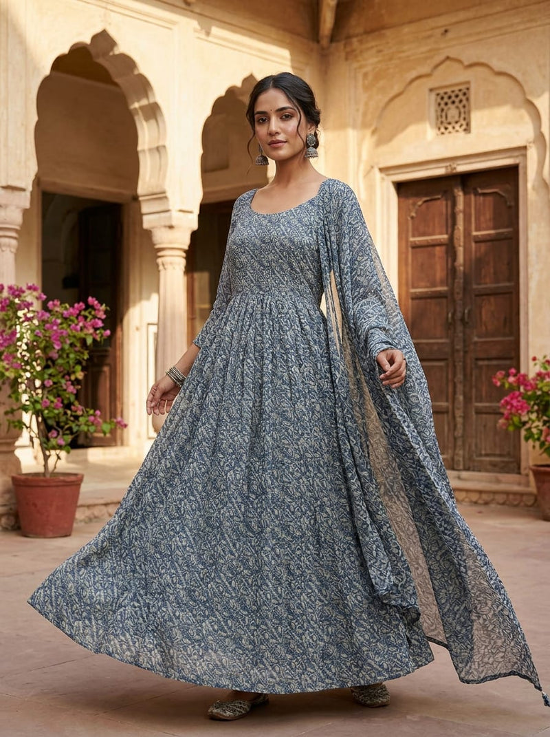 Blue Ethnic Botanical Jaal Pattern Rayon Digital Printed Fabric