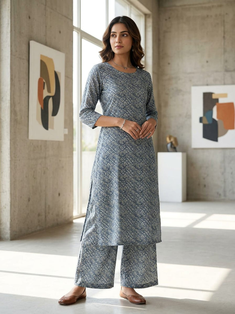 Blue Ethnic Botanical Jaal Pattern Rayon Digital Printed Fabric