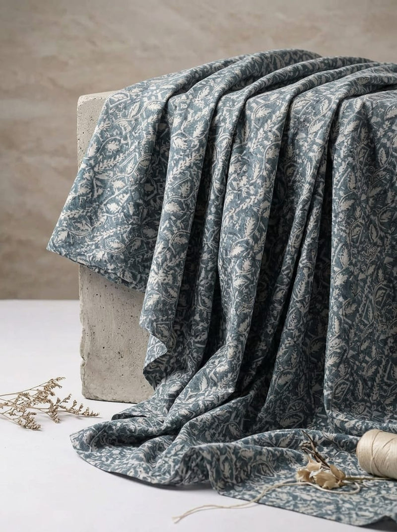 Teal Ethnic Botanical Leaf Pattern Pure Cotton Digital Printed Fabric
