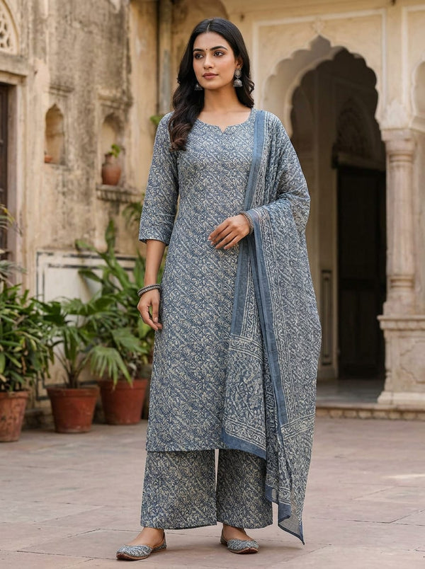 Blue Ethnic Geometric Leaf Pattern Pure Muslin Digital Printed Fabric - Straight Kurta with Palazzo Lookbook - PM-0-MA01780-151 - alternate view