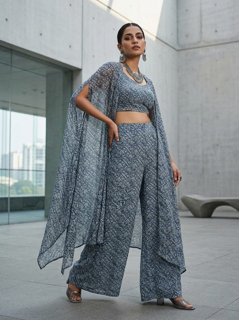 Blue Ethnic Leaf Jaal Pattern Pure Georgette Digital Printed Fabric