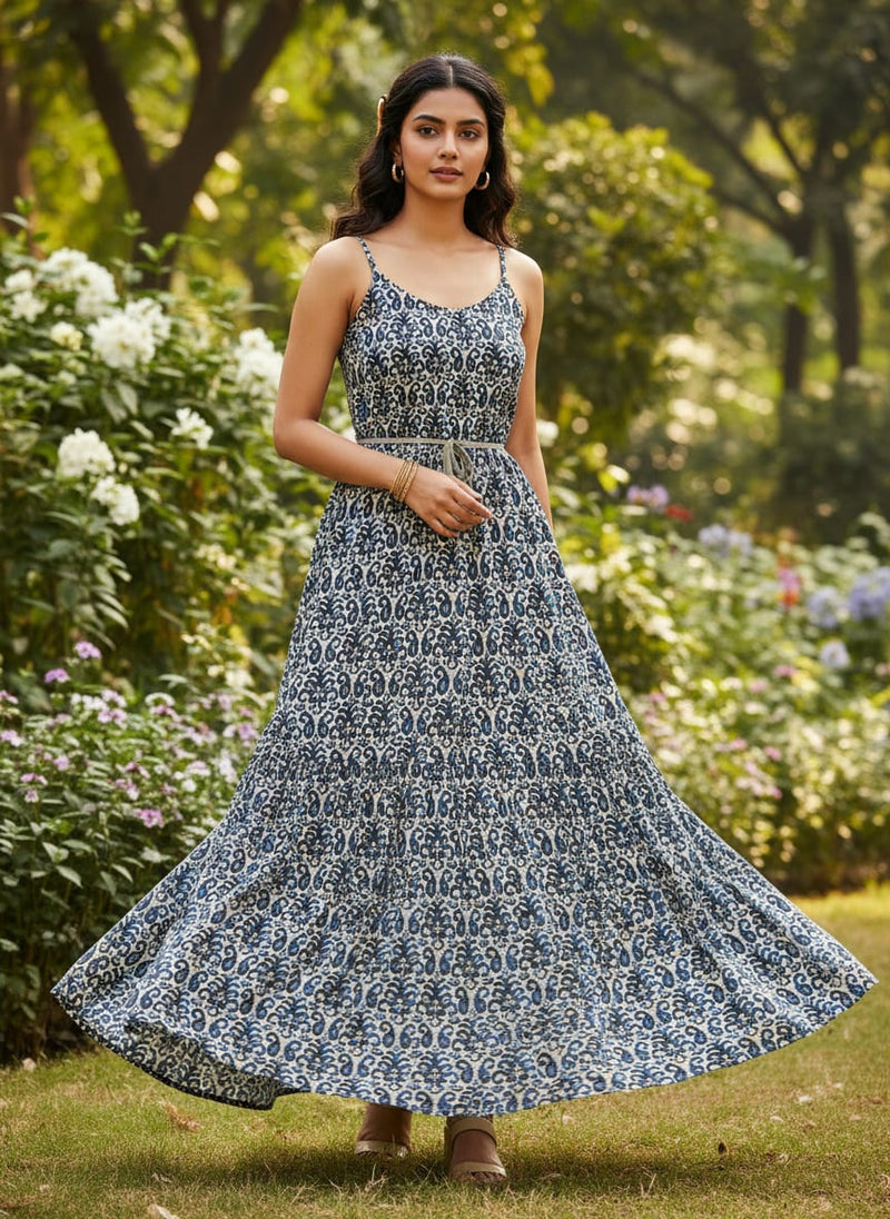 Navy Ethnic Ikat Style Paisley Rayon Digital Printed Fabric