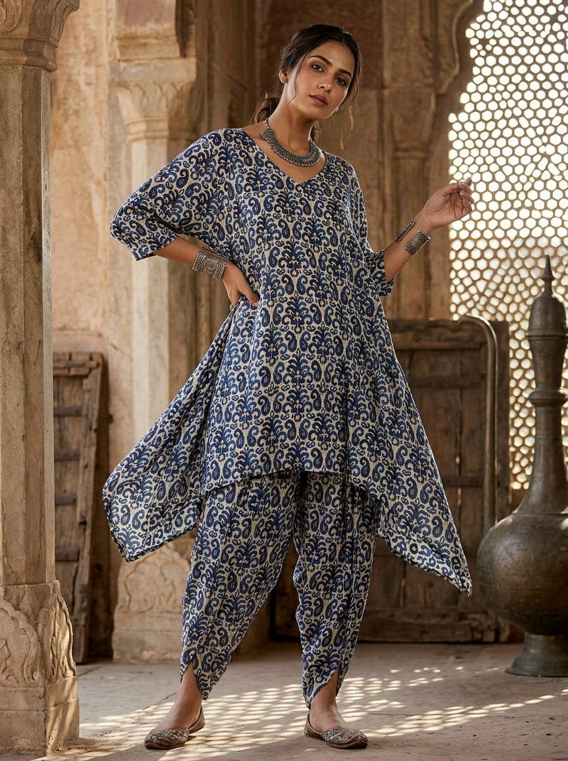 Navy Ethnic Ikat Style Paisley Rayon Digital Printed Fabric