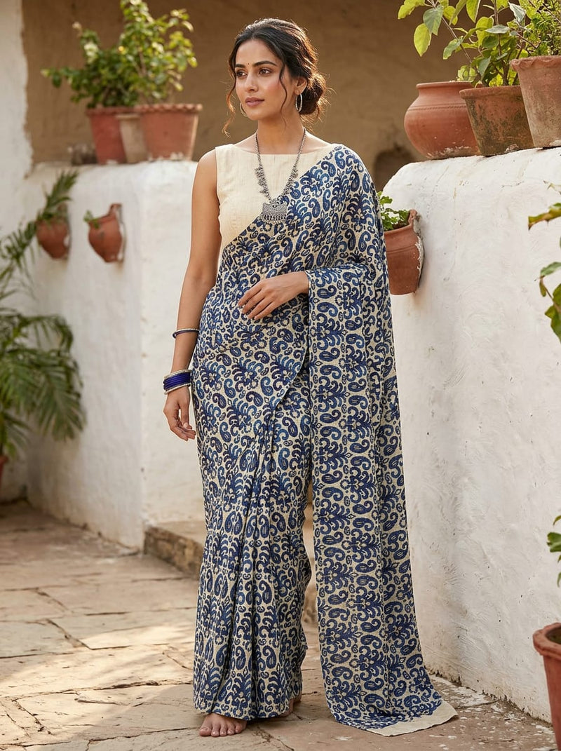 Navy Ethnic Ikat Style Paisley Rayon Digital Printed Fabric
