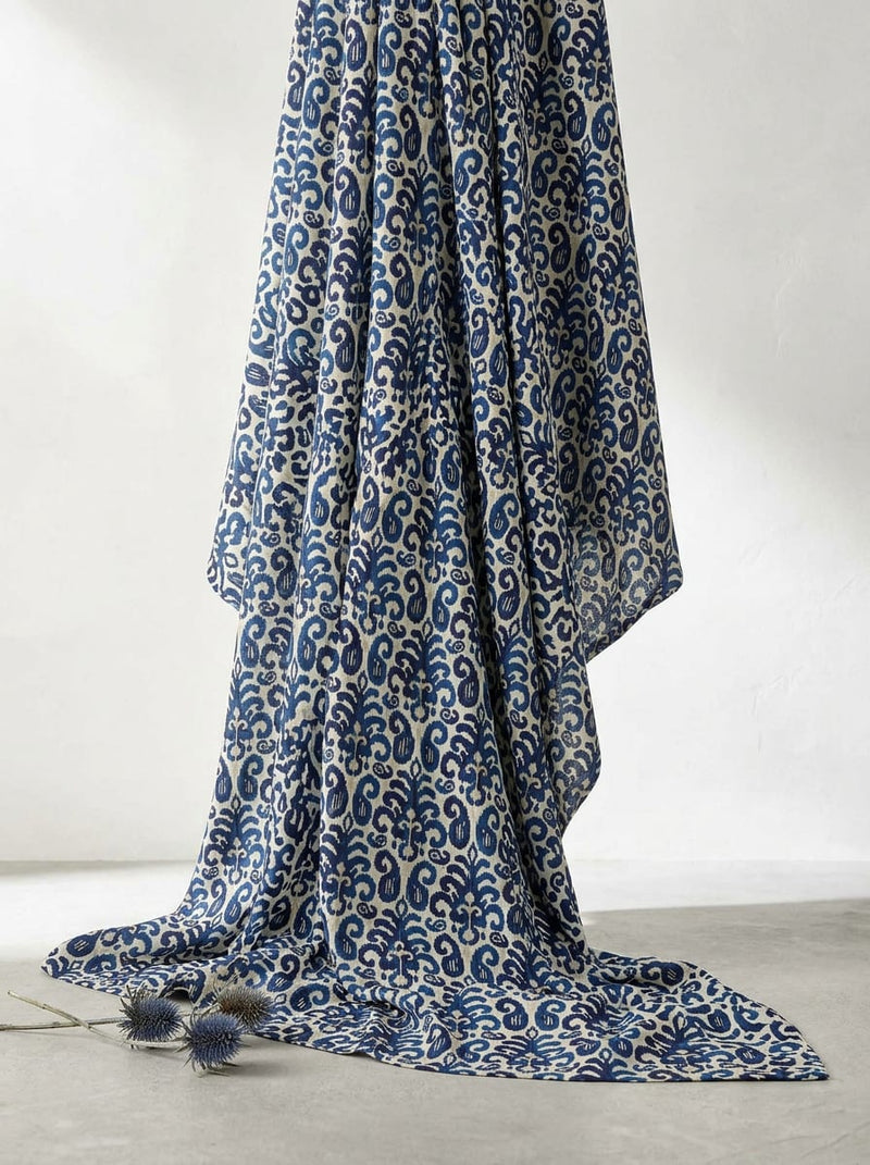 Navy Ethnic Ikat Style Paisley Rayon Digital Printed Fabric