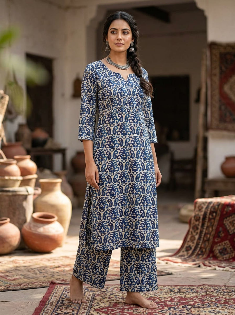 Navy Ethnic Ikat Style Paisley Rayon Digital Printed Fabric