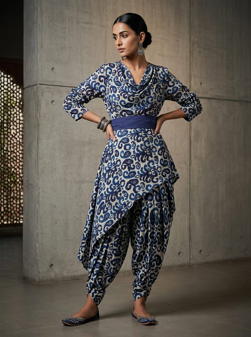 Blue Ikat Style Abstract Pattern Pure Cotton Digital Printed Fabric