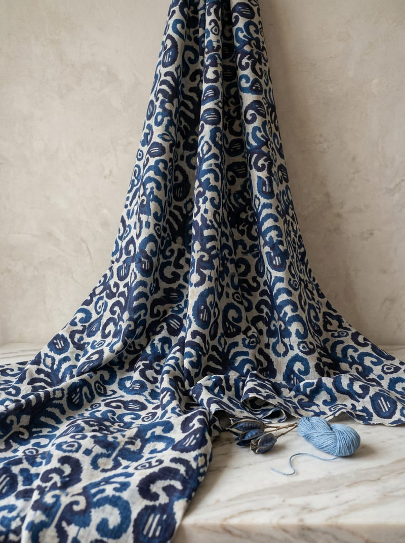 Blue Ikat Style Abstract Pattern Pure Cotton Digital Printed Fabric