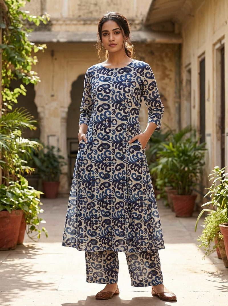 Blue Ikat Style Abstract Pattern Pure Cotton Digital Printed Fabric