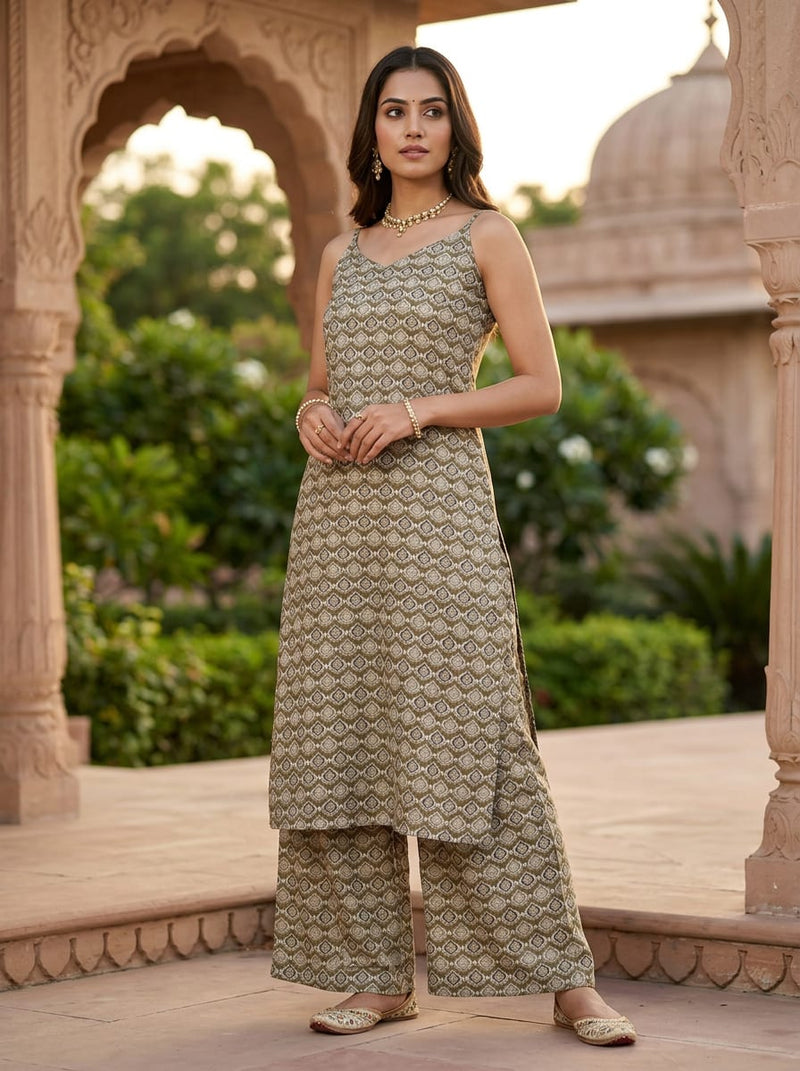 Olive Ethnic Geometric Damask Rayon Digital Printed Fabric