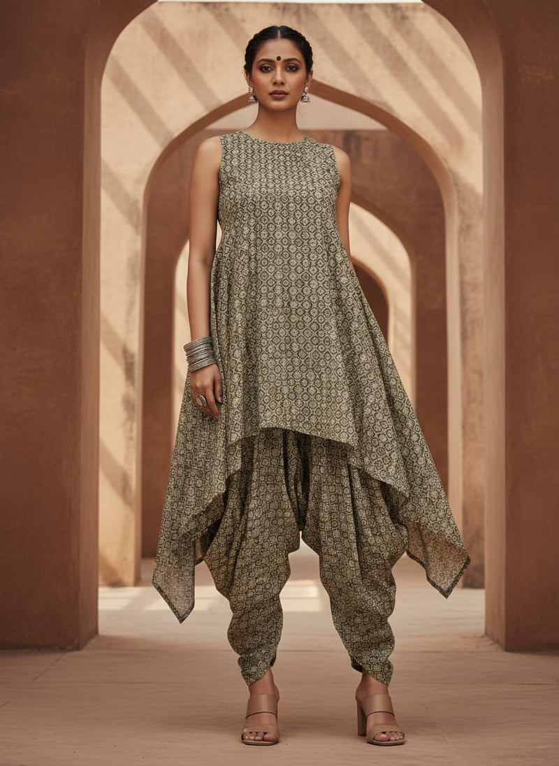Olive Ethnic Geometric Damask Rayon Digital Printed Fabric