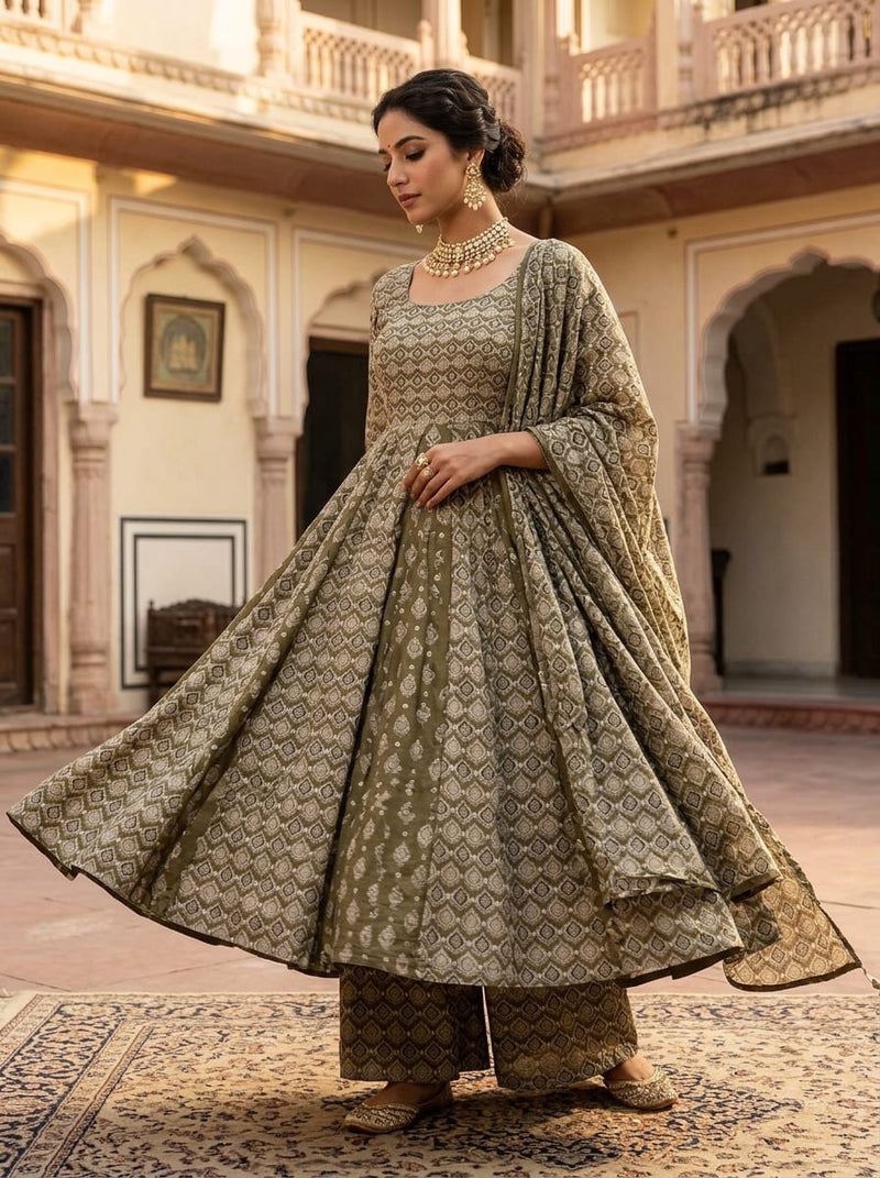 Olive Ethnic Geometric Damask Rayon Digital Printed Fabric