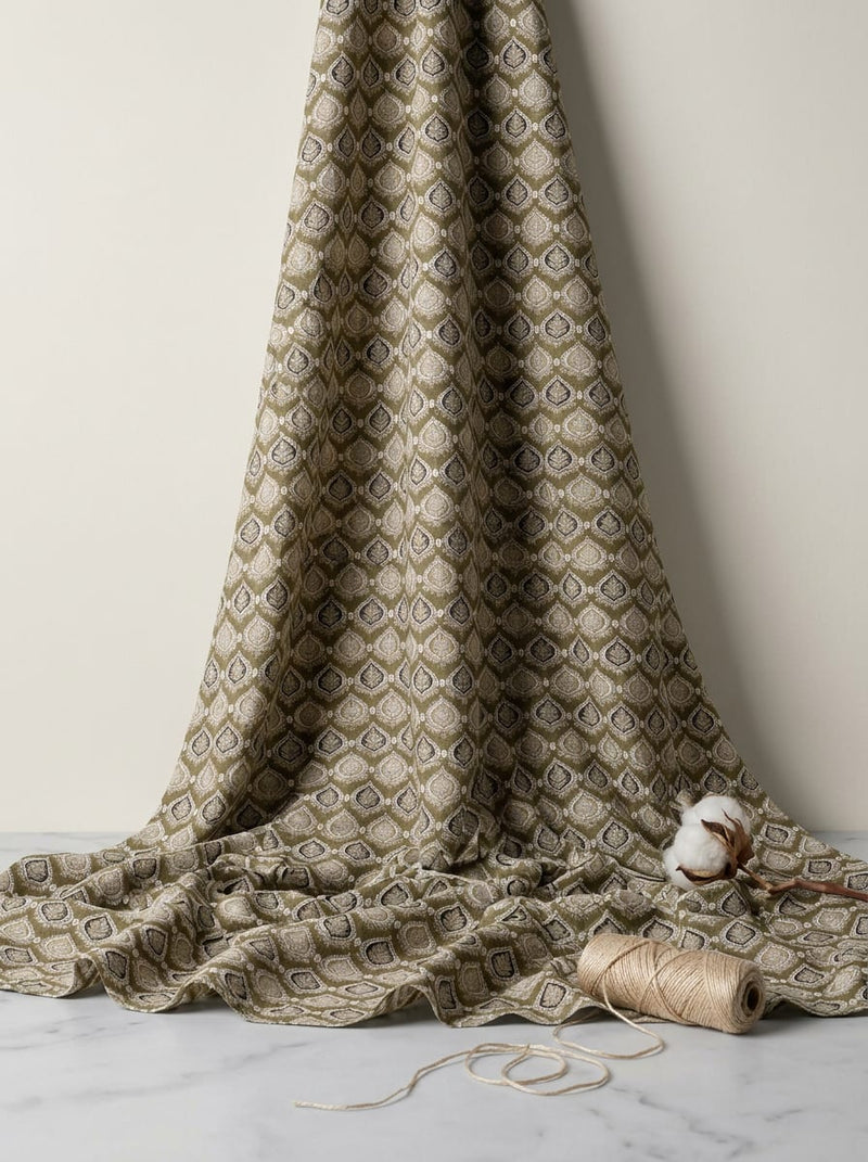 Olive Ethnic Geometric Damask Rayon Digital Printed Fabric
