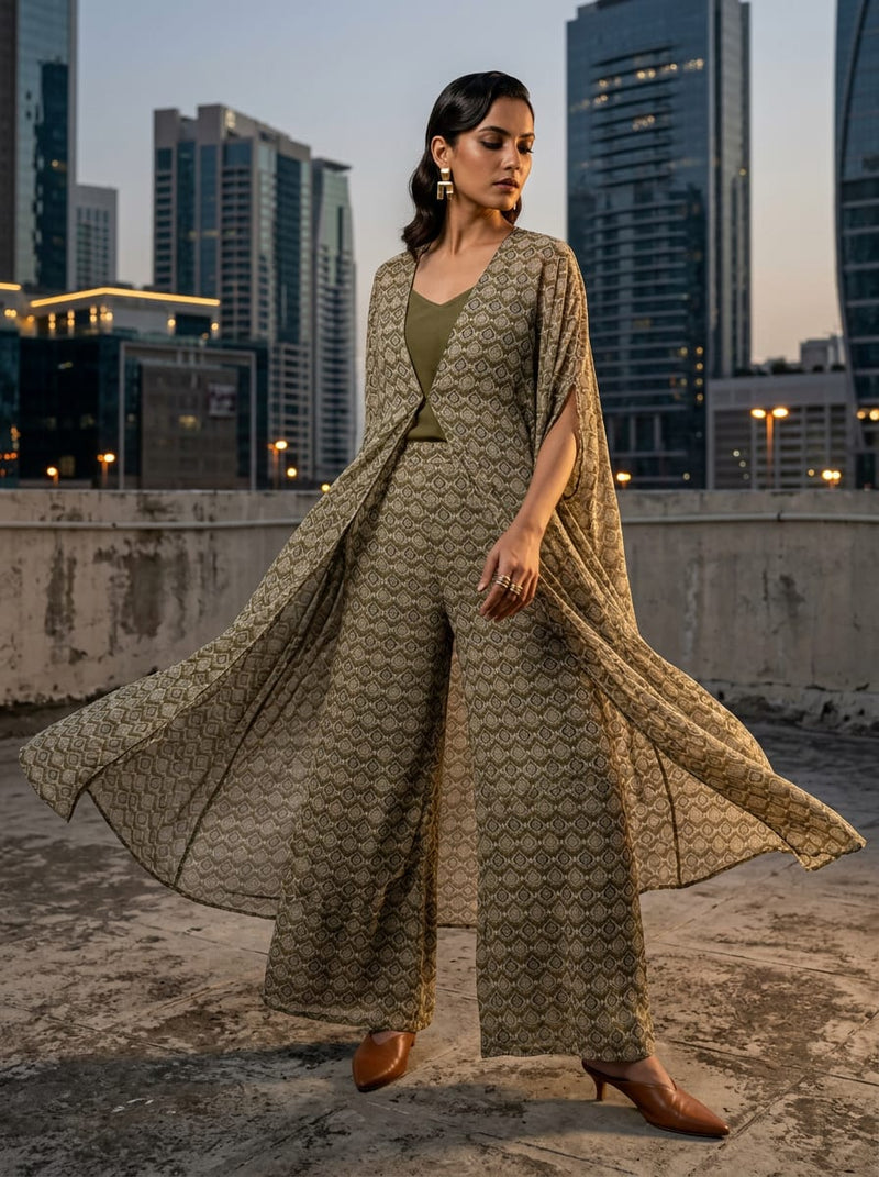 Olive Ethnic Geometric Damask Pure Georgette Digital Printed Fabric