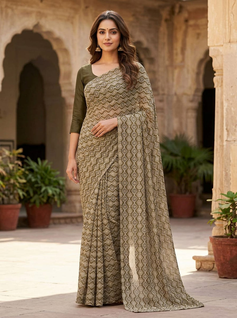 Olive Ethnic Geometric Damask Pure Georgette Digital Printed Fabric