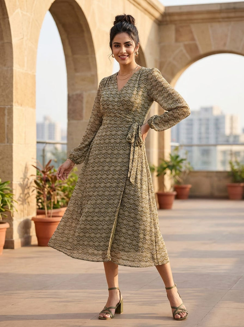 Olive Ethnic Geometric Damask Pure Georgette Digital Printed Fabric
