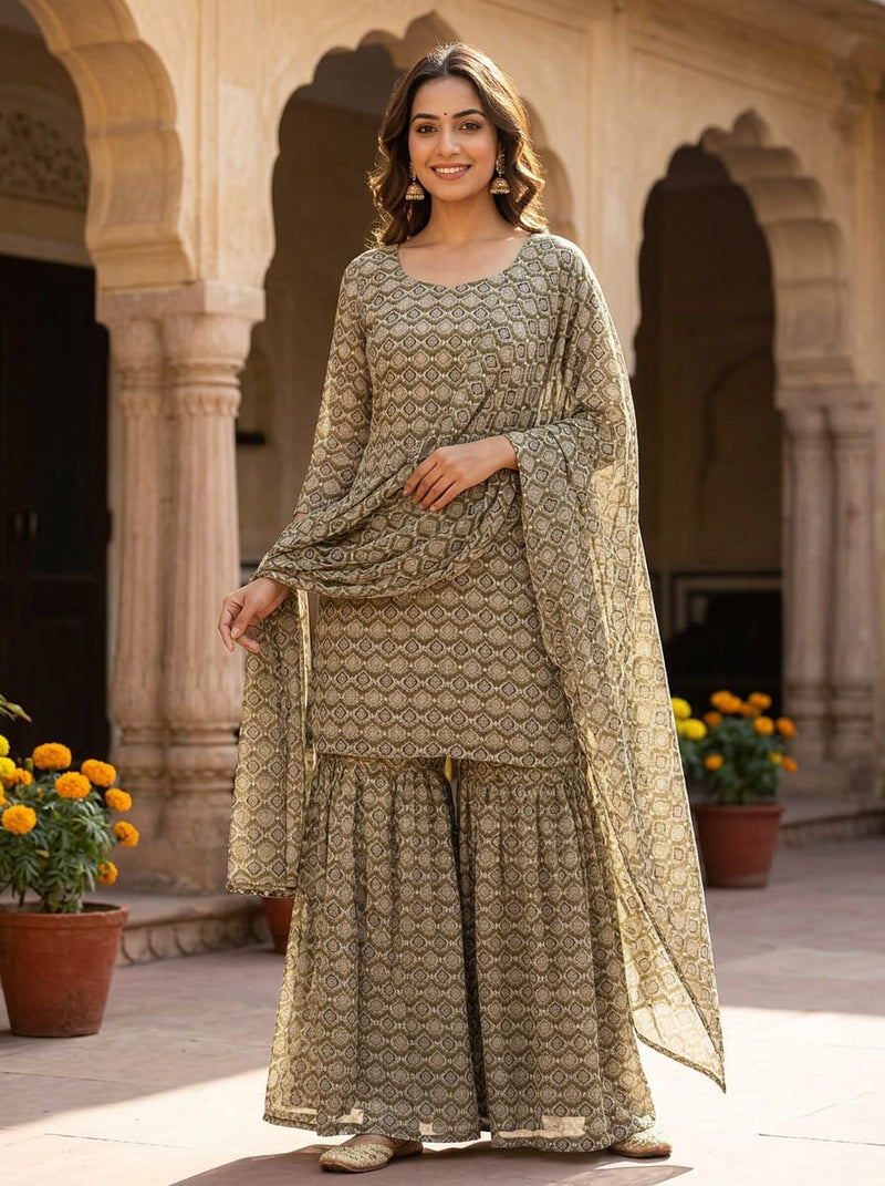 Olive Ethnic Geometric Damask Pure Georgette Digital Printed Fabric