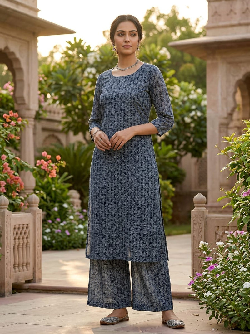 Navy Intricate Ethnic Motif Kota Doria Digital Printed Fabric