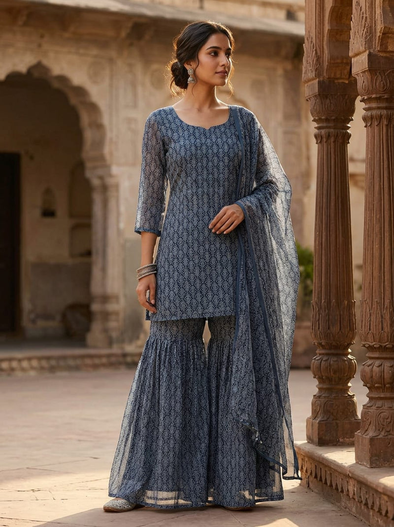 Navy Intricate Ethnic Motif Kota Doria Digital Printed Fabric