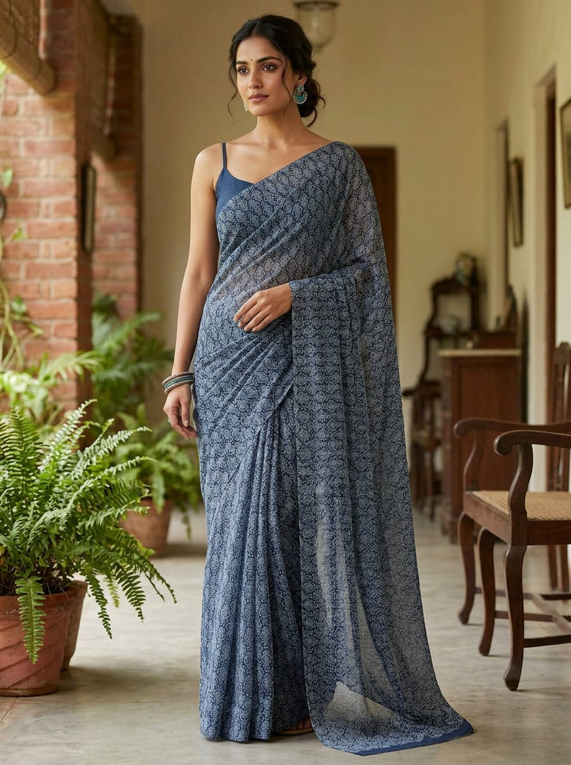 Navy Intricate Ethnic Motif Kota Doria Digital Printed Fabric