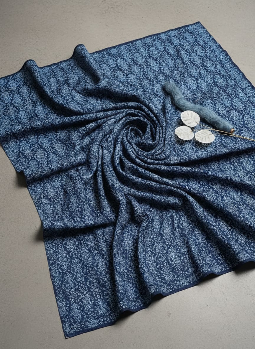 Navy Blue Ethnic Bandhani Style Damask Rayon Digital Printed Fabric