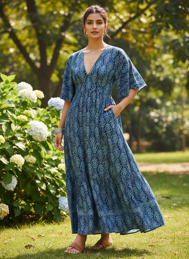Navy Blue Ethnic Bandhani Style Damask Rayon Digital Printed Fabric