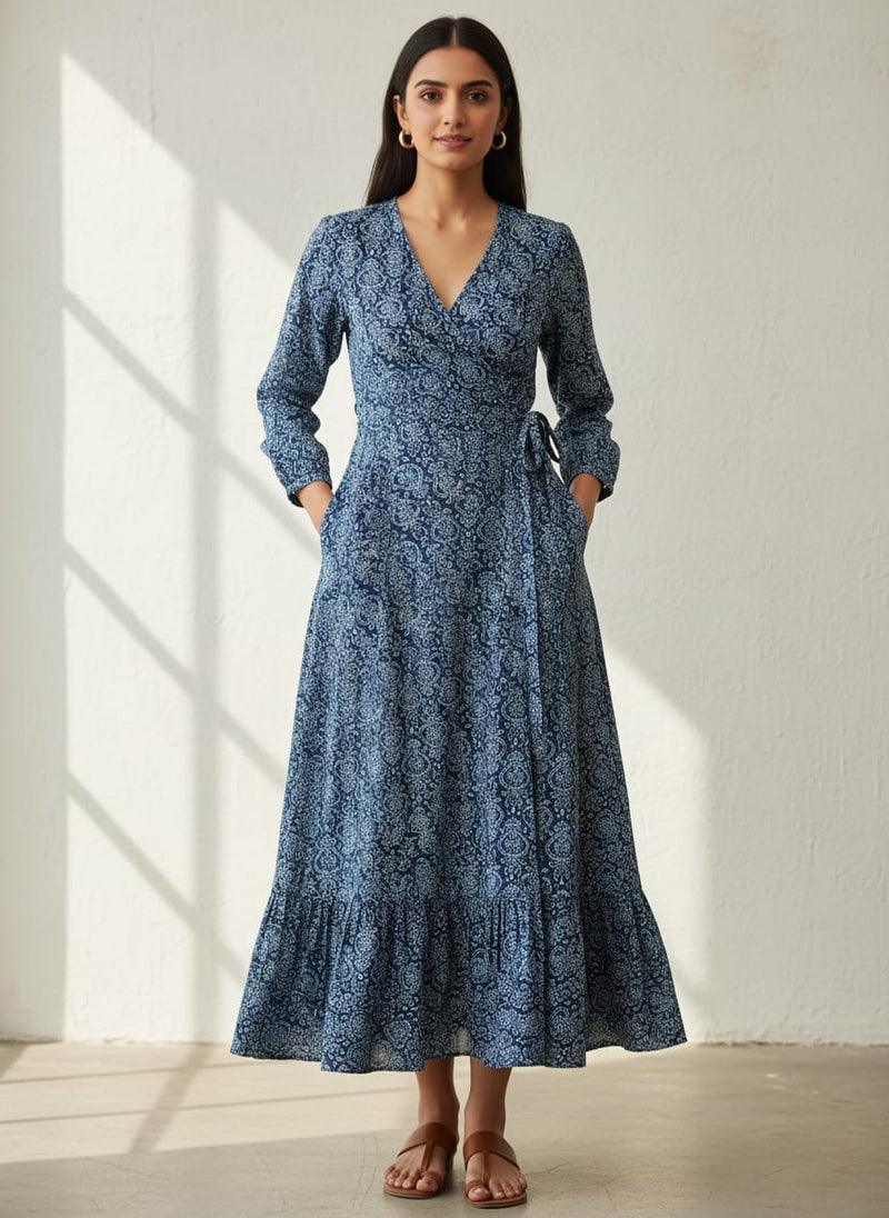 Navy Blue Ethnic Bandhani Style Damask Rayon Digital Printed Fabric