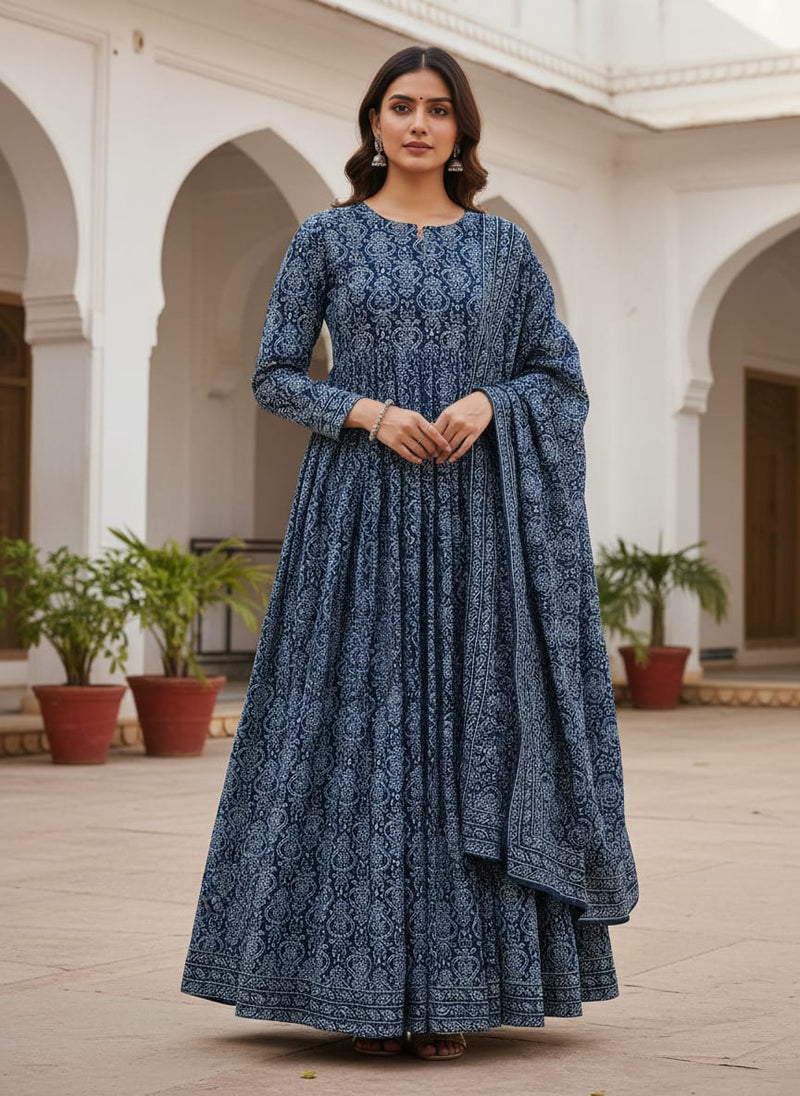 Navy Blue Ethnic Bandhani Style Damask Rayon Digital Printed Fabric