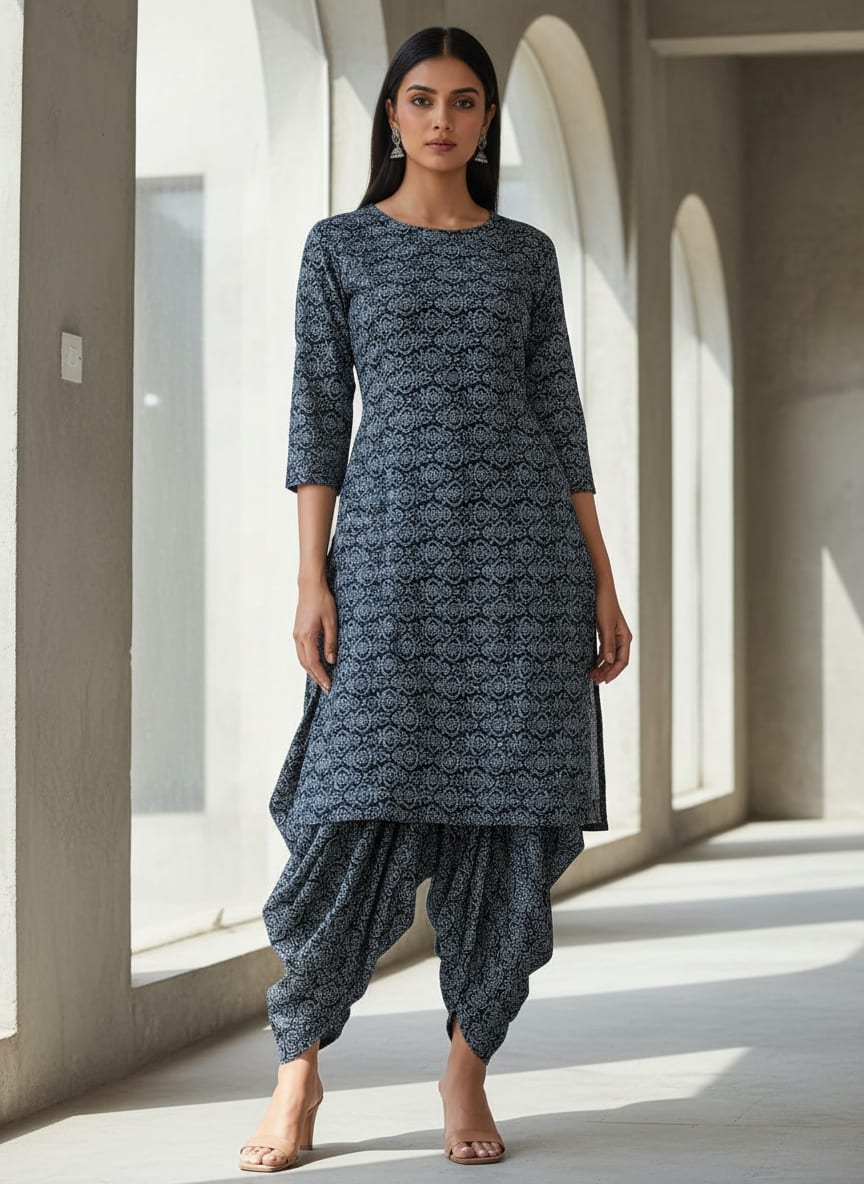 Navy Ethnic Damask Pattern Pure Cotton Digital Printed Fabric