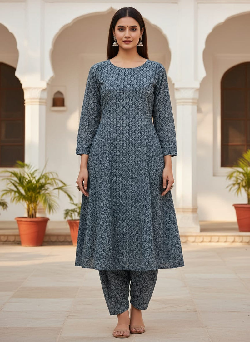 Navy Intricate Ethnic Damask Motif Pure Muslin Digital Printed Fabric