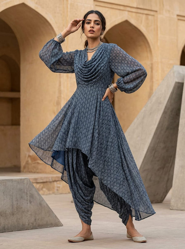 Navy Intricate Ethnic Damask Motif Pure Muslin Digital Printed Fabric - Asymmetric Tunic with Dhoti Pants Lookbook - PM-0-MA01931-151 - alternate view