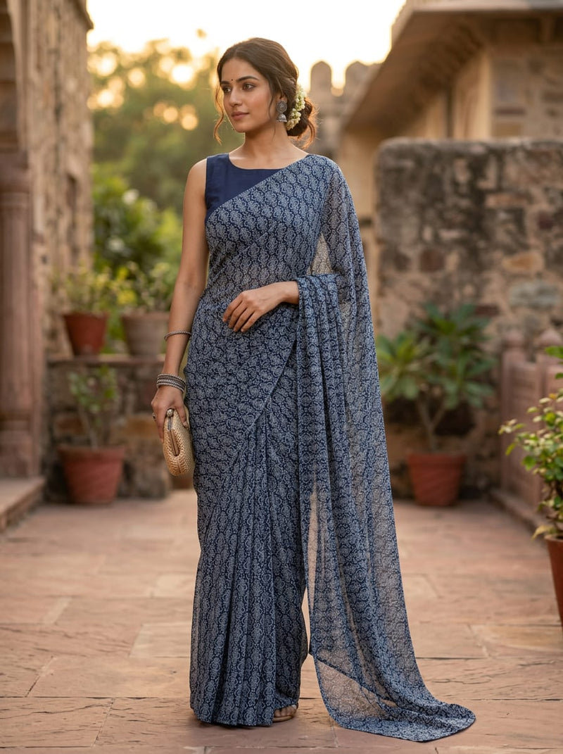 Navy Small Ethnic Geometric Pattern Pure Georgette Digital Printed Fabric