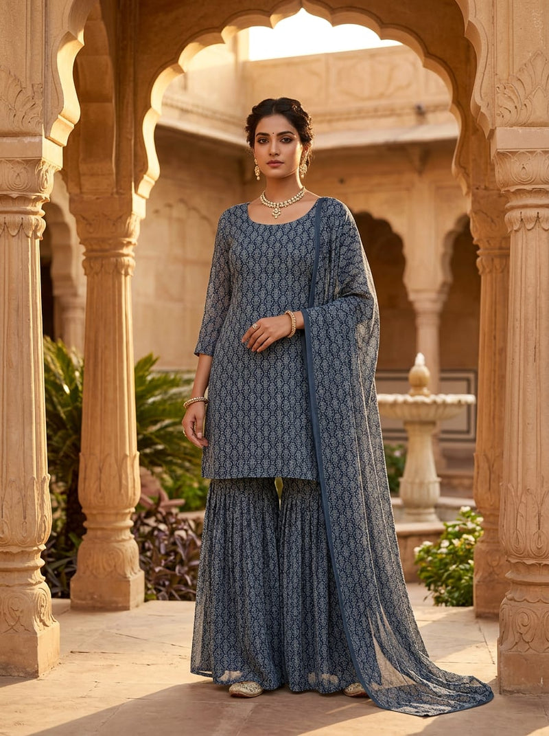 Navy Small Ethnic Geometric Pattern Pure Georgette Digital Printed Fabric
