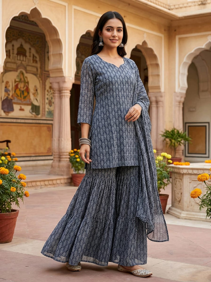 Navy Small Ethnic Geometric Pattern Pure Georgette Digital Printed Fabric