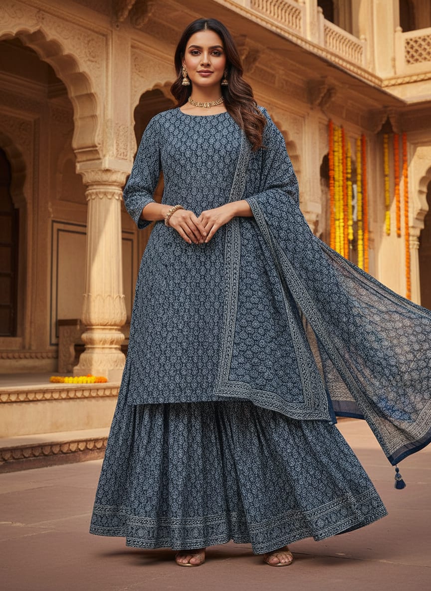 Navy Small Ethnic Damask Pattern Pure Chinon Digital Printed Fabric
