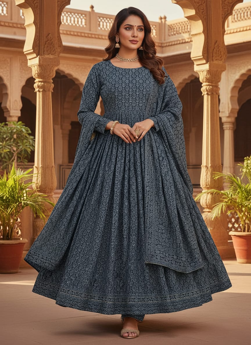 Navy Small Ethnic Damask Pattern Pure Chinon Digital Printed Fabric
