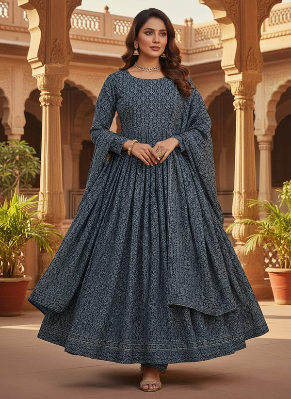 Navy Small Ethnic Damask Pattern Pure Chinon Digital Printed Fabric - Anarkali Kurta Set Lookbook - PC-0-MA01931-106 - alternate view
