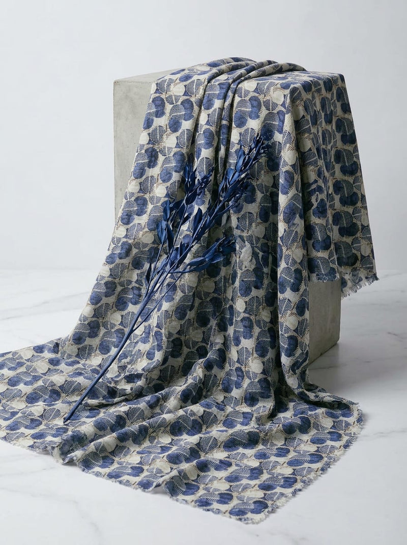 Blue Abstract Botanical Leaf Print Rayon Digital Printed Fabric
