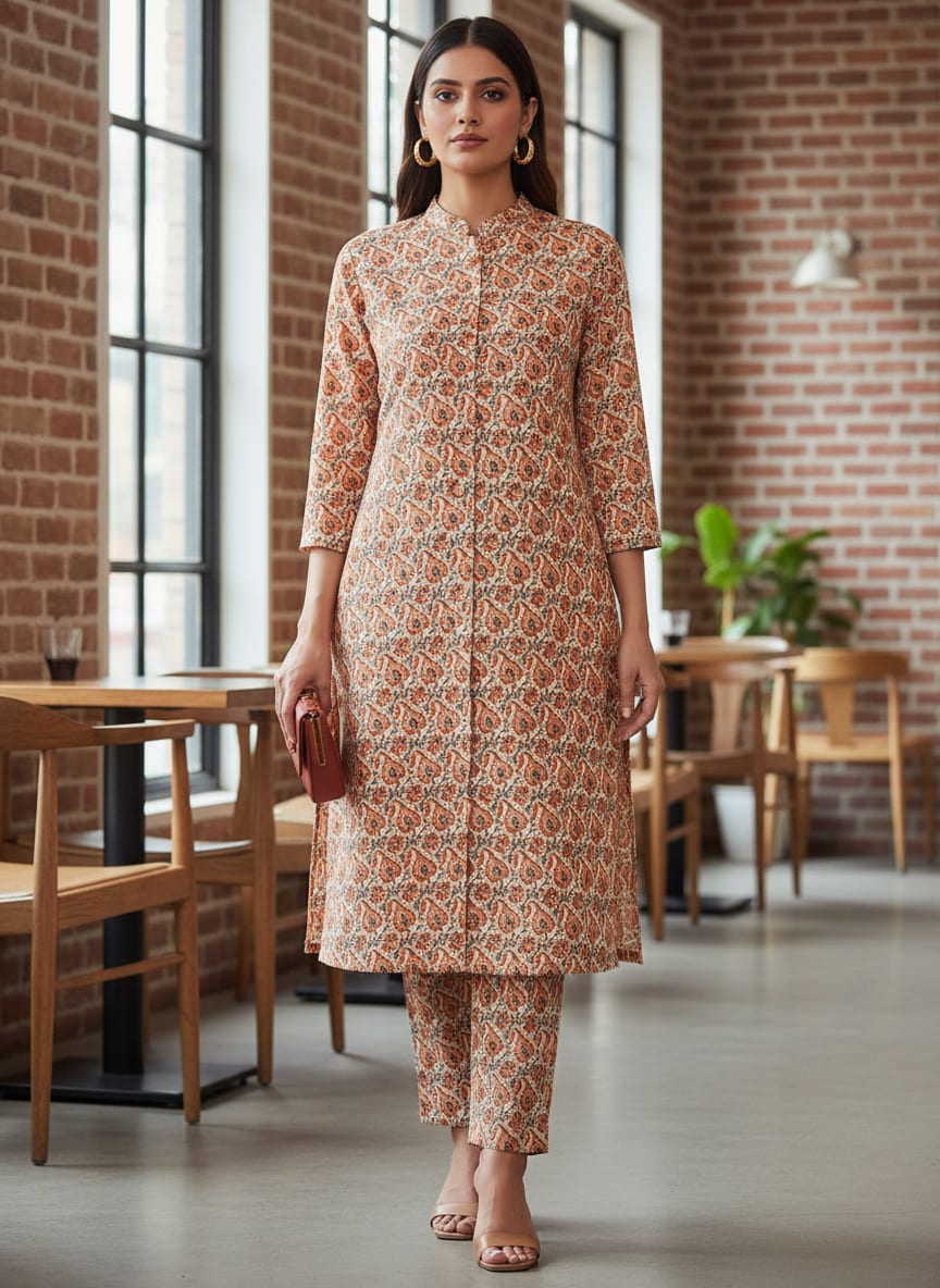 Cream Ethnic Paisley and Floral Jaal Kora Silk Digital Printed Fabric