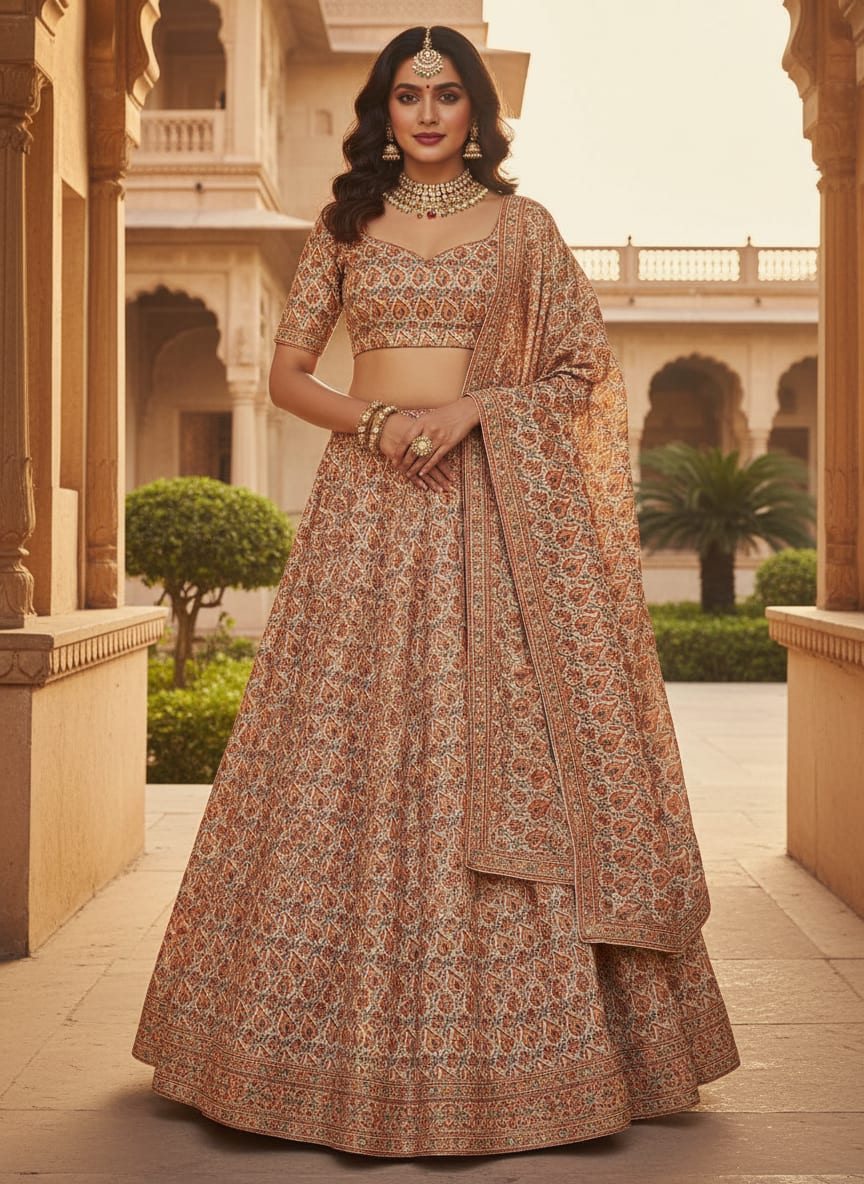 Cream Ethnic Paisley and Floral Jaal Kora Silk Digital Printed Fabric