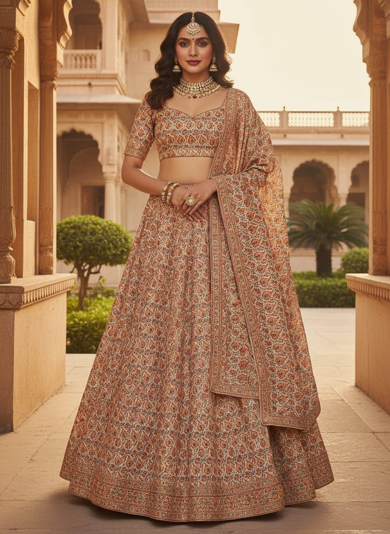 Cream Ethnic Paisley and Floral Jaal Kora Silk Digital Printed Fabric