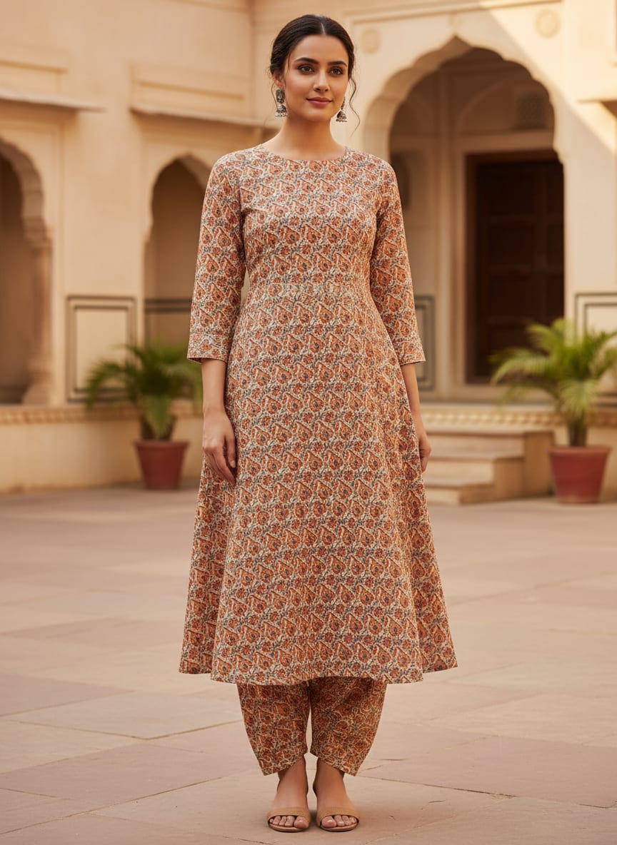 Cream Ethnic Paisley and Floral Jaal Kora Silk Digital Printed Fabric