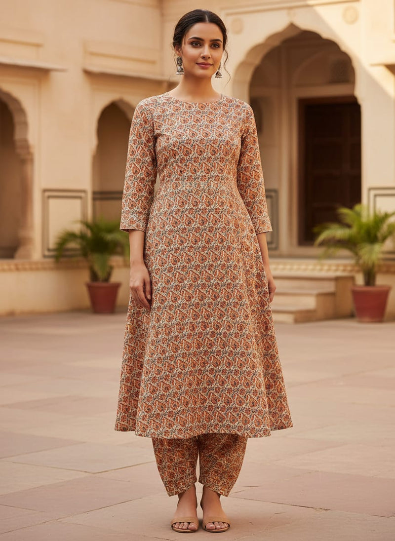 Cream Ethnic Paisley and Floral Jaal Kora Silk Digital Printed Fabric