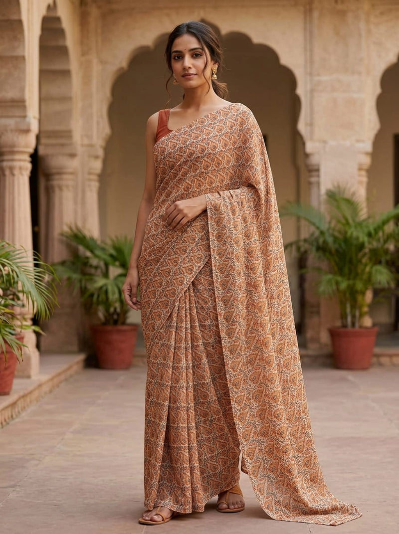 Cream Traditional Paisley and Floral Print Weightless Digital Printed Fabric